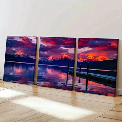 3pcs Snow Mountain Lake at Sunset  Wall Art Set Canvas Unframed - High Quality Print 100% Australian Made Wall Canvas