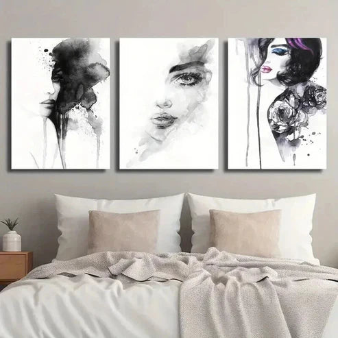 3pcs Black and White Female Portrait  Wall Art Set Canvas Unframed - High Quality Print 100% Australian Made Wall Canvas - Bella Home Decor
