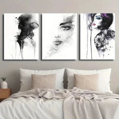 3pcs Black and White Female Portrait  Wall Art Set Canvas Unframed - High Quality Print 100% Australian Made Wall Canvas - Bella Home Decor