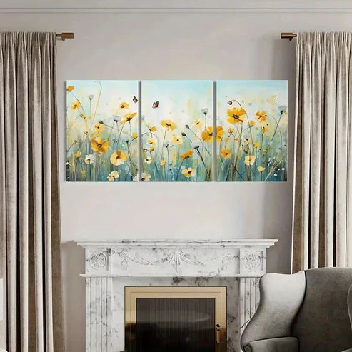 3pcs Meadow with Yellow Daisies & Butterflies Wall Art Canvas Unframed - High Quality Print 100% Australian Made Wall Canvas