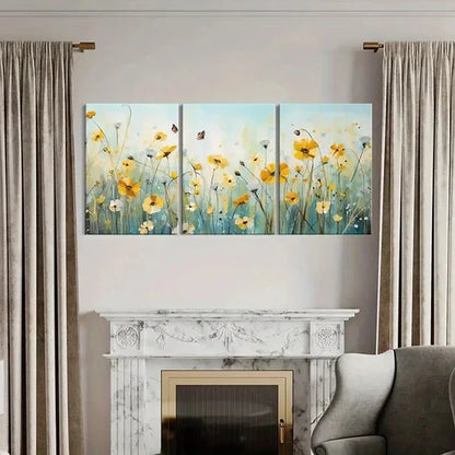 3pcs Meadow with Yellow Daisies & Butterflies Wall Art Canvas Unframed - High Quality Print 100% Australian Made Wall Canvas