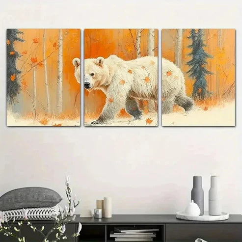 3pcs Bear in a Autumn Falling Leaves Forest Set Canvas Unframed - High Quality Print 100% Australian Made Wall Canvas - Bella Home Decor