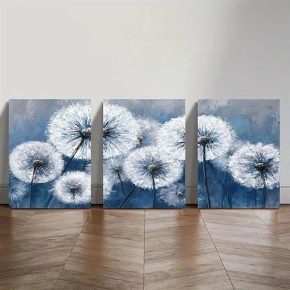 3pcs White Dandelion on Vintage Blue Background Wall Art Canvas Unframed - High Quality Print 100% Australian Made Wall Canvas