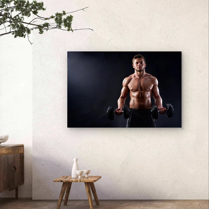 Muscular Athlete Holding Dumbbells 5mm Plastic Poster Ready to Hang 90x60cm