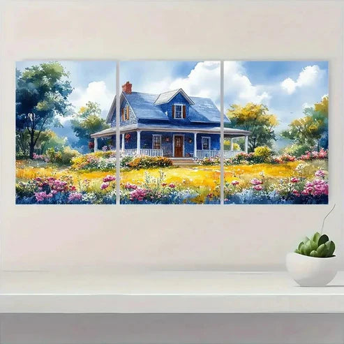 3pcs House Roses Garden Watercolor Wall Art Canvas Unframed - High Quality Print 100% Australian Made Wall Canvas - Bella Home Decor