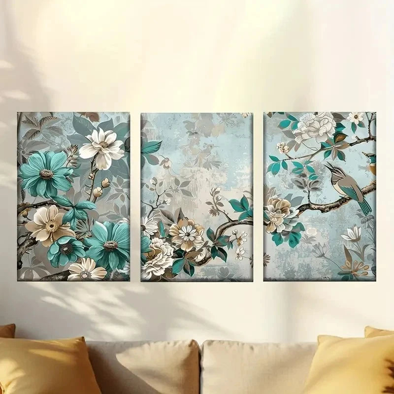 3pcs a floral wallpaper with birds and flowers Wall Art Set Canvas Framed 50x70cm - High Quality Print 100% Australian Made Wall Canvas Ready to Hang - Bella Home Decor