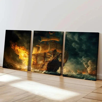 3pcs Pirate Ship On Fire in the Sea Wall Art Set Canvas Framed 60x90cm - High Quality Print 100% Australian Made Wall Canvas Ready to Hang - Bella Home Decor