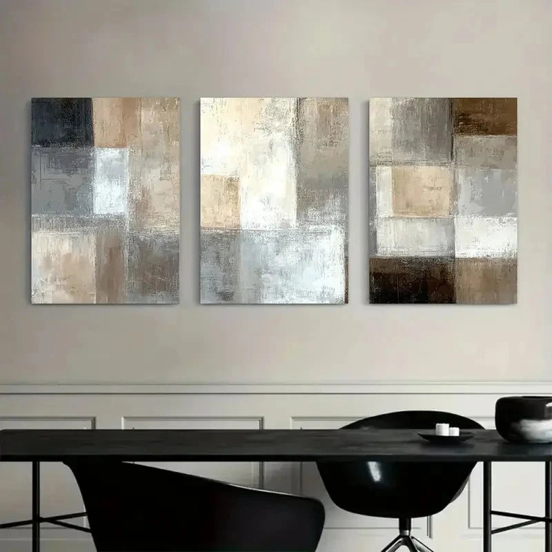 3pcs Abstract Painting with Light Brown White Grey Metal Print Ready to Hang Art - Bella Home Decor