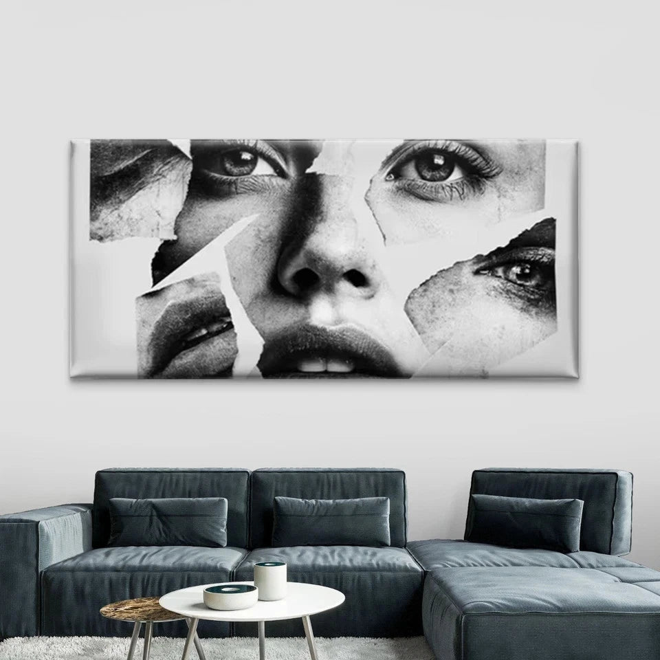 Black & White Face Fragment Wall Art Canvas Office Home Room Framed 120x60cm