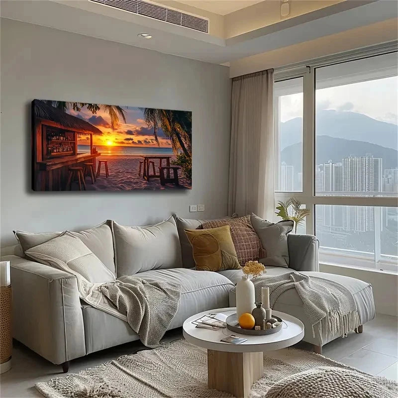 Tropical Beach Sunset Thatched Wall Art Canvas Office Home Room Framed 120x60cm