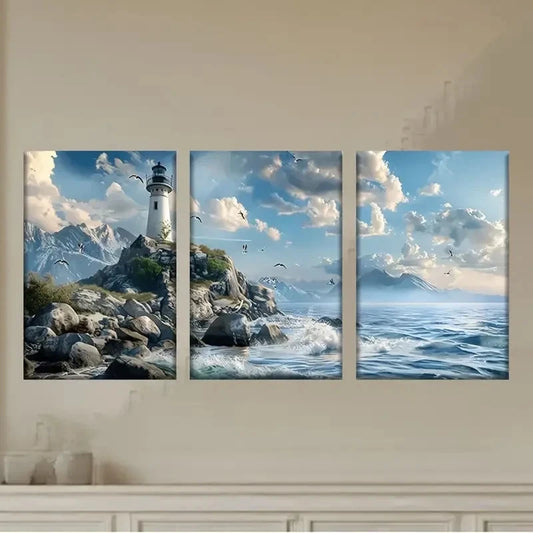 3pcs a lighthouse on a rocky shore with birds Wall Art Set Canvas Framed 50x70cm - High Quality Print 100% Australian Made Wall Canvas Ready to Hang