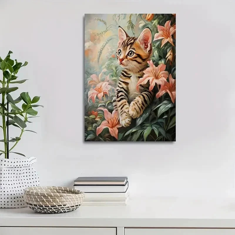 Cute Bengal Kitten with Vibrant Flowers Painting 40x60cm Metal Print Ready to Hang - Bella Home Decor
