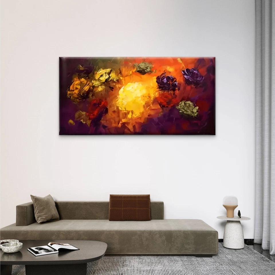 Yellow Purple Flowers Modern Wall Art Canvas Office Home Room Framed 120x60cm