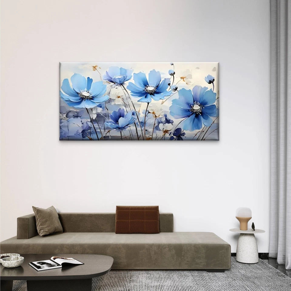 Modern Blue Flower Abstract Wall Art Canvas Office Home Room Framed 120x60cm