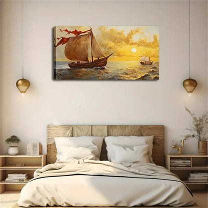 Two Sailboats Under Sunset Wall Art Canvas Office Home Room Framed 120x60cm - Bella Home Decor