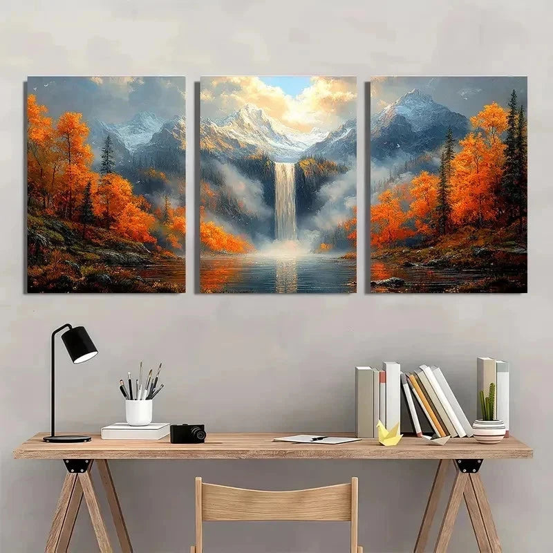 3pcs Autumn Waterfall Misty Mountain Perfect Wall Art Set Canvas Framed 50x70cm - High Quality Print 100% Australian Made Wall Canvas Ready to Hang - Bella Home Decor