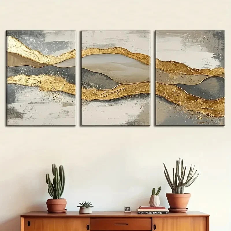 3pcs Featuring Luxurious Golden Abstract Perfect Wall Art Set Canvas Framed 40x60cm - High Quality Print 100% Australian Made Wall Canvas Ready to Hang - Bella Home Decor