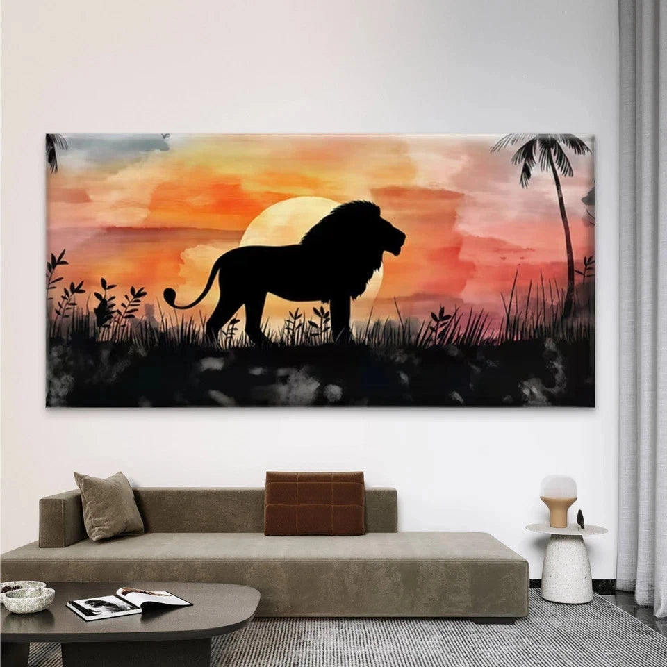 Lion Silhouette Sunset Wall Art Canvas Office Home Room Framed 120x60cm