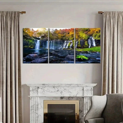 3pcs Vibrant Autumn Waterfall Landscape Wall Art Set Canvas Framed 50x70cm - High Quality Print 100% Australian Made Wall Canvas Ready to Hang - Bella Home Decor