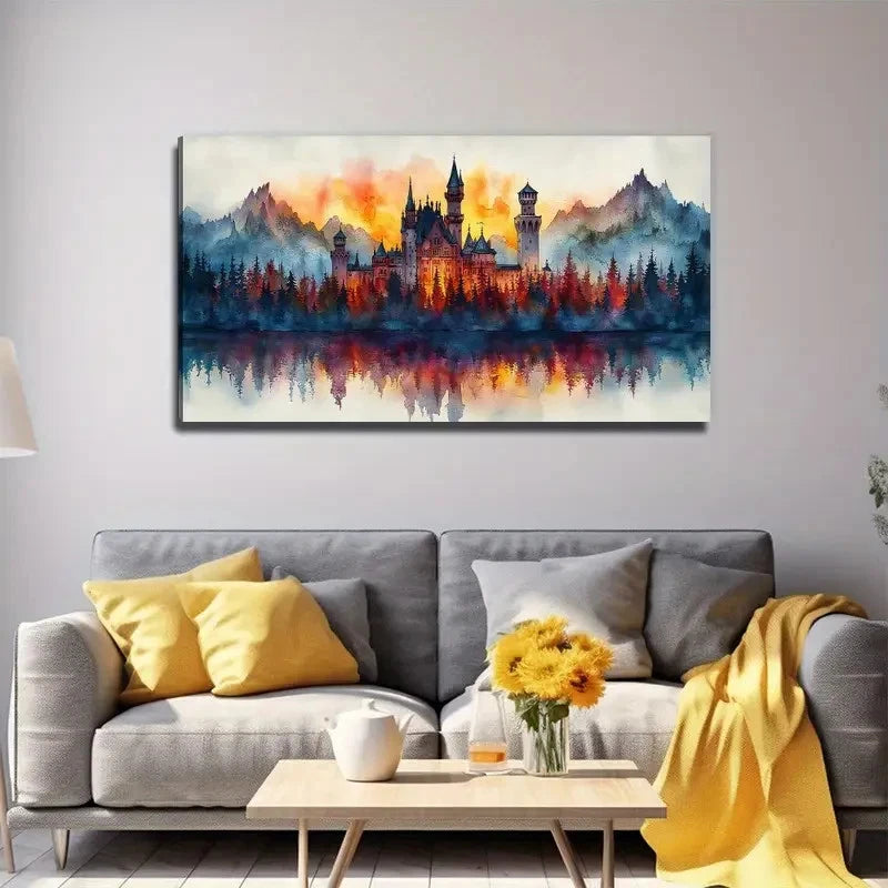 Sunset Glow Pine Tree Castle Wall Art Canvas Office Home Room Framed 120x60cm