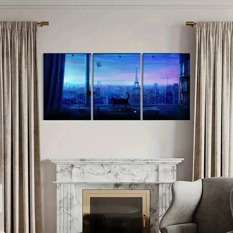 3pcs City Night Scene Tower & Cat Near Window Wall Art Set Canvas Framed 40x60cm - High Quality Print 100% Australian Made Wall Canvas Ready to Hang - Bella Home Decor