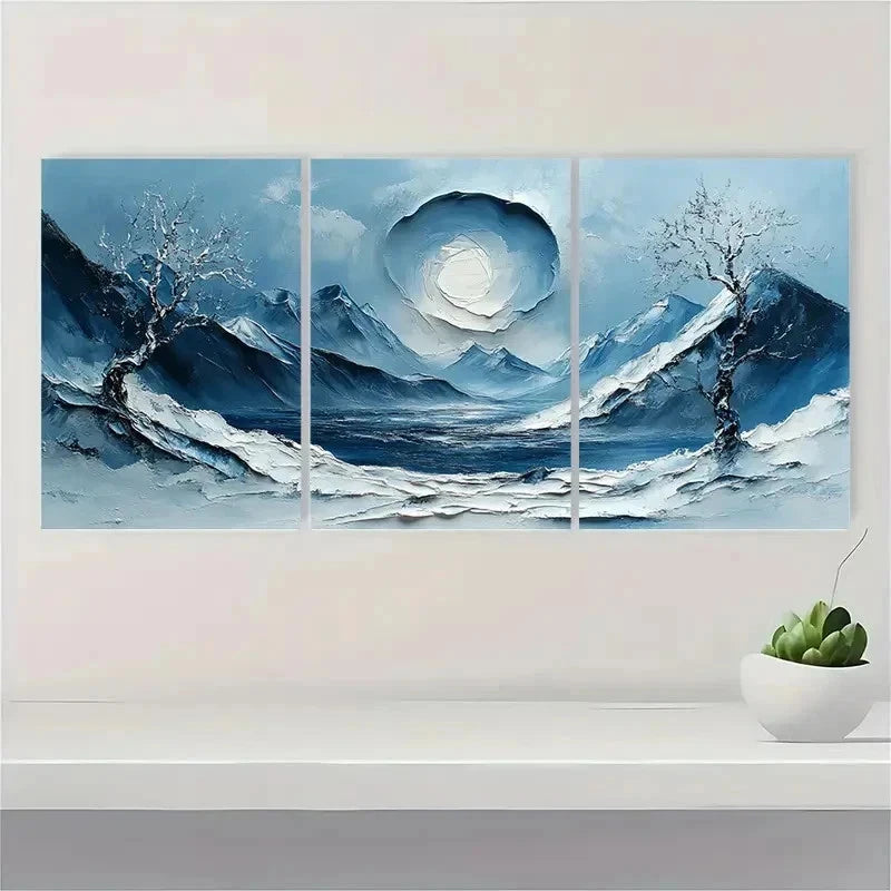 3pcs Blue & White Winter Mountain Landscape E  Wall Art Set Canvas Framed 60x90cm - High Quality Print 100% Australian Made Wall Canvas Ready to Hang - Bella Home Decor