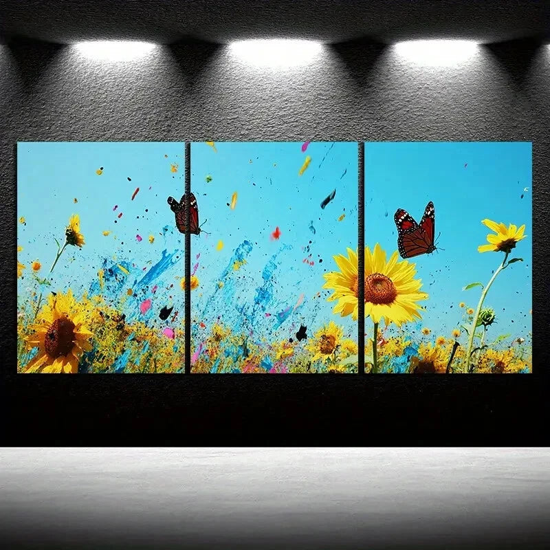 3pcs Charming Trio Sunflowers & Butterflies Metal Print Ready to Hang Art - Bella Home Decor