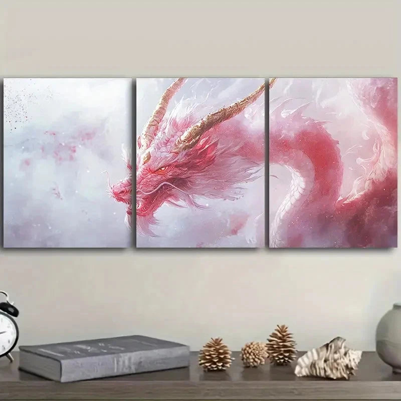 3pcs Colorful Dragon Pink Color Scheme Wall Art Set Canvas Framed 60x90cm - High Quality Print 100% Australian Made Wall Canvas Ready to Hang - Bella Home Decor