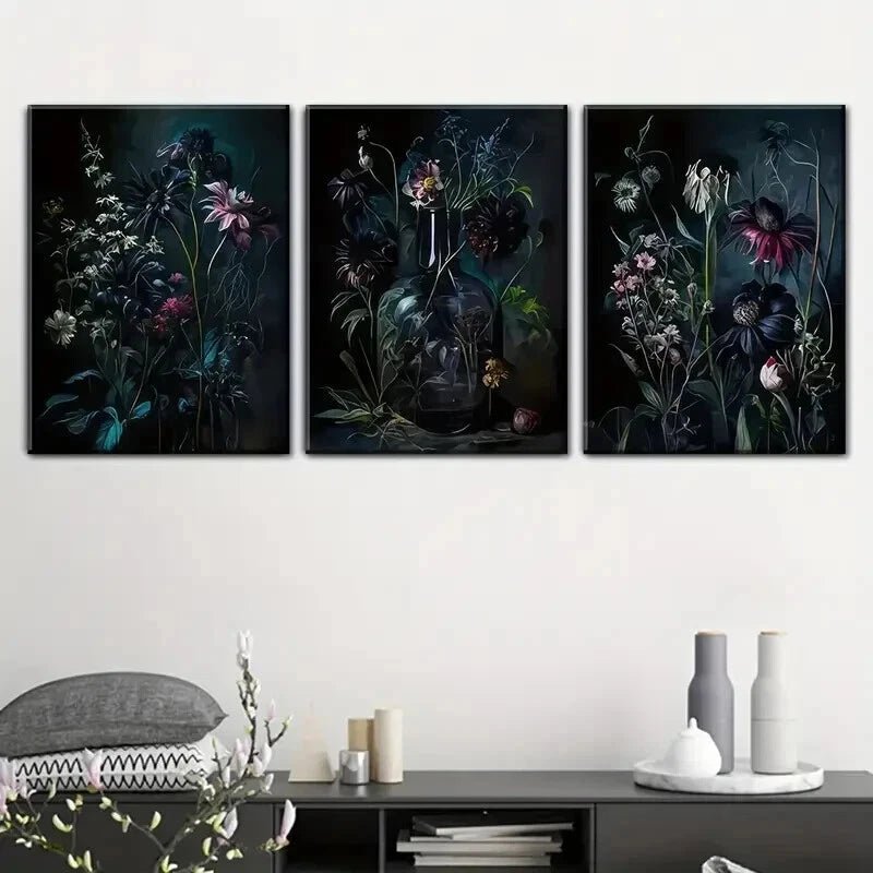 3pcs Dark Toned Vintage Botanical Prints Wall Art Set Canvas Framed 50x70cm - High Quality Print 100% Australian Made Wall Canvas Ready to Hang - Bella Home Decor