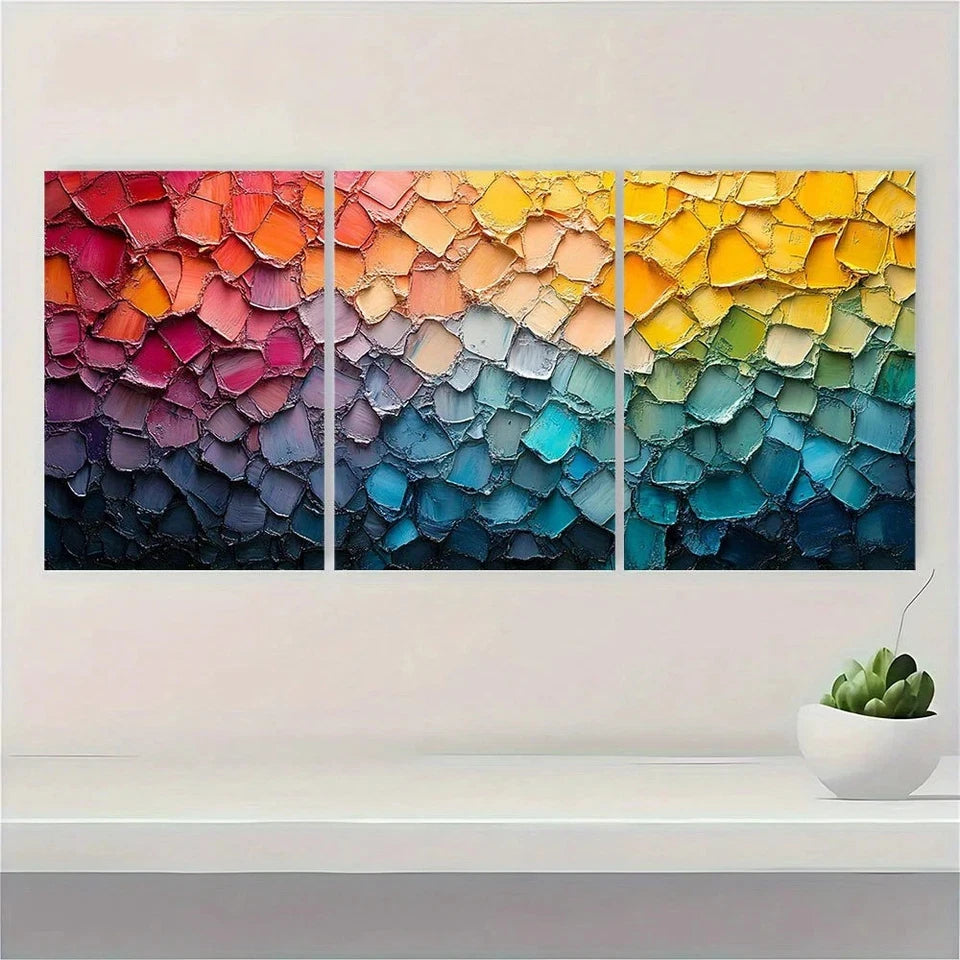 3pcs Vibrant Abstract Modern Mosaic Metal Print Ready to Hang Art - Bella Home Decor