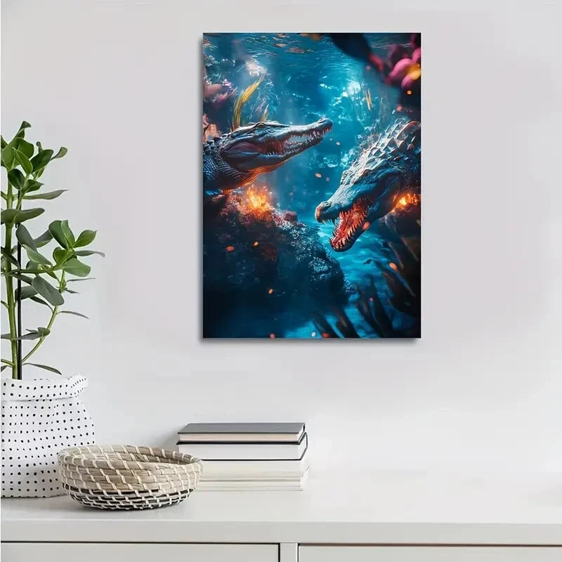 Cyberpunk Crocodiles Glowing Embers Vibrant Painting 40x60cm Metal Print Ready to Hang - Bella Home Decor