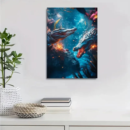 Cyberpunk Crocodiles Glowing Embers Vibrant Painting 40x60cm Metal Print Ready to Hang - Bella Home Decor