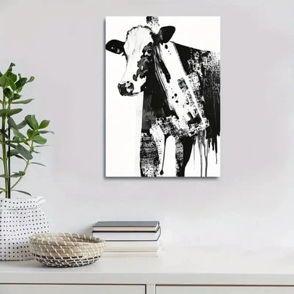 Modern Abstract Black and White Cow Painting 40x60cm Metal Print Ready to Hang - Bella Home Decor
