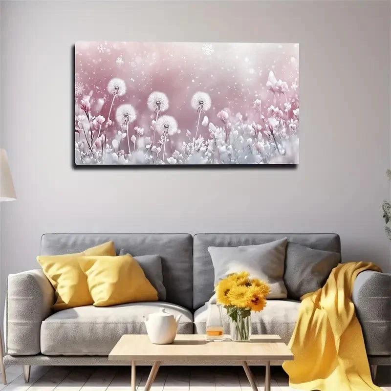 Pink & White Dandelions Wall Art canvas office home room framed 120x60cm - Bella Home Decor