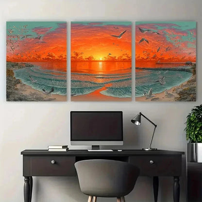 3pcs Seaside Sunrise Ocean Wave Seagulls Perfect  Wall Art Set Canvas Framed 60x90cm - High Quality Print 100% Australian Made Wall Canvas Ready to Hang