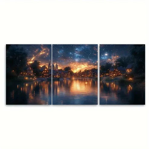 3pcs Scenic Old Town Canvas Print with Starry  Wall Art Set Canvas Unframed - High Quality Print 100% Australian Made Wall Canvas - Bella Home Decor