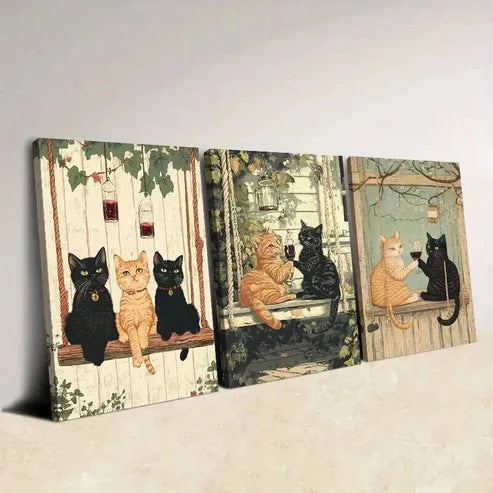 3pcs Contemporary Cat Illustrations Wall Art Canvas Unframed - High Quality Print 100% Australian Made Wall Canvas - Bella Home Decor