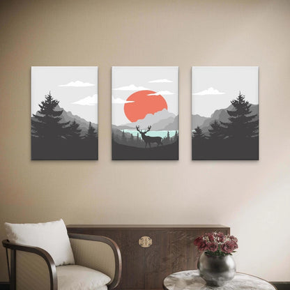 3pcs Deer and Red Sunrise Forest Landscape Wall Art Set Canvas Framed 50x70cm - High Quality Print 100% Australian Made Wall Canvas Ready to Hang