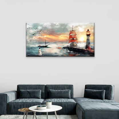 Lighthouses And Ships At Sunset Wall Art Canvas Office Home Room Framed 120x60cm