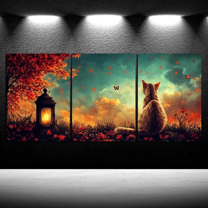 3pcs Red Florals Kitten And Lantern Metal Print Ready to Hang Art - Bella Home Decor