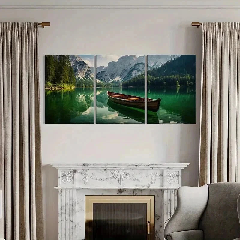 3pcs Green Tranquil Lake Scene with Boat Wall Art Set Canvas Framed 60x90cm - High Quality Print 100% Australian Made Wall Canvas Ready to Hang - Bella Home Decor