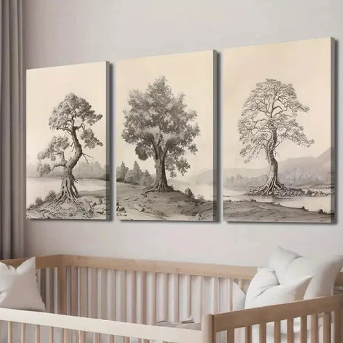 3pcs Vintage Forest Mountains Tree Landscape Wall Art Set Canvas Unframed - High Quality Print 100% Australian Made Wall Canvas