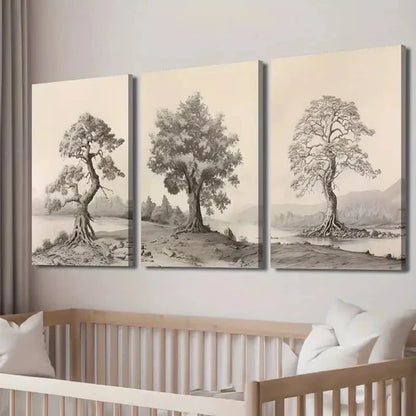 3pcs Vintage Forest Mountains Tree Landscape Wall Art Set Canvas Unframed - High Quality Print 100% Australian Made Wall Canvas