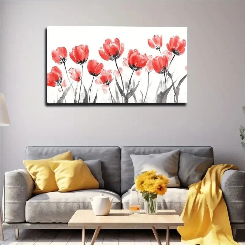 Abstract Red Tulips Modern Wall Art Canvas Office Home Room Framed 120x60cm