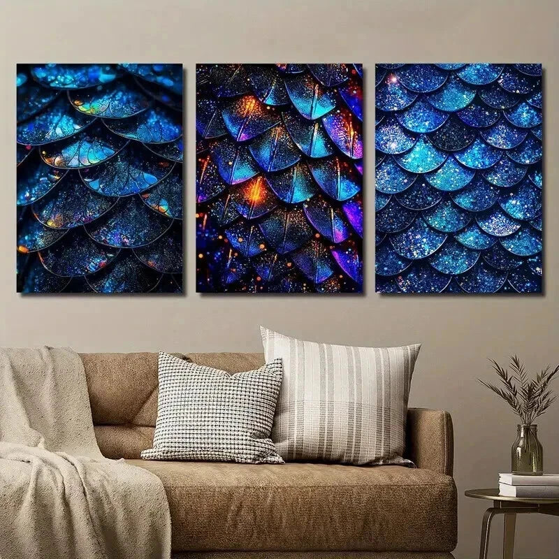 3pcs Blue Glitter Scales Décor Modern Perfect Wall Art Set Canvas Framed 50x70cm - High Quality Print 100% Australian Made Wall Canvas Ready to Hang - Bella Home Decor