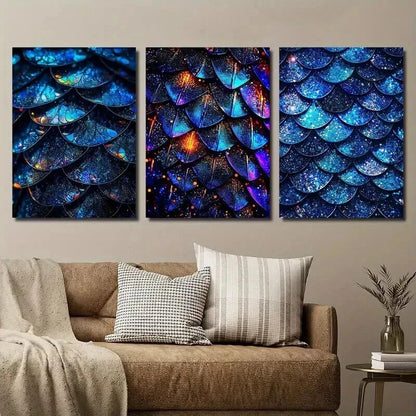 3pcs Blue Glitter Scales Décor Modern Perfect Wall Art Set Canvas Framed 50x70cm - High Quality Print 100% Australian Made Wall Canvas Ready to Hang - Bella Home Decor