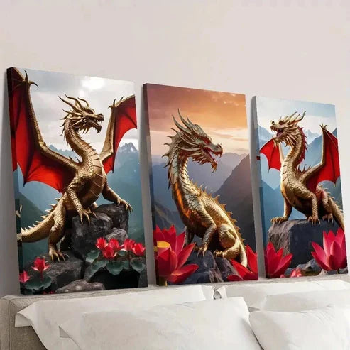 3pcs Golden Dragons with Red Wings Wall Art Canvas Unframed - High Quality Print 100% Australian Made Wall Canvas - Bella Home Decor