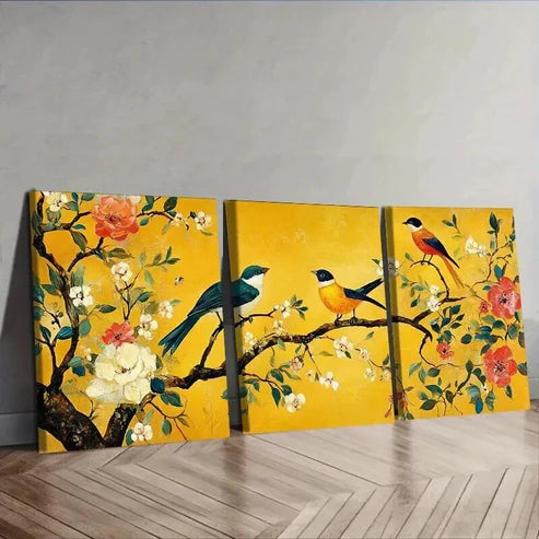 3pcs Tree Of Life Adorned With Birds And Flowers Wall Art Canvas Unframed - High Quality Print 100% Australian Made Wall Canvas