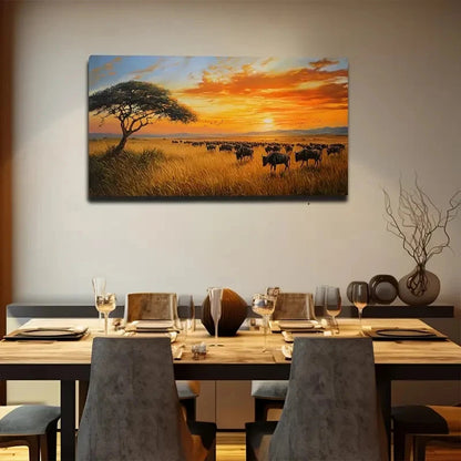 Group Of Wildebeest Wall Art Canvas Office Home Room Framed 120x60cm
