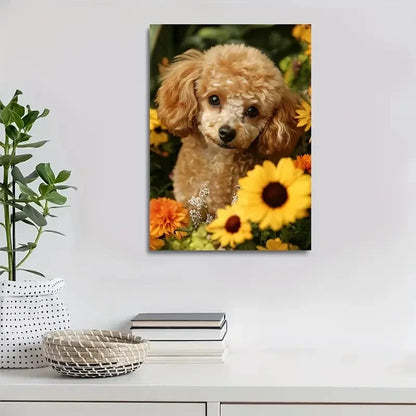 Adorable Poodle Dog with Vibrant Flowers Painting 40x60cm Metal Print Ready to Hang - Bella Home Decor